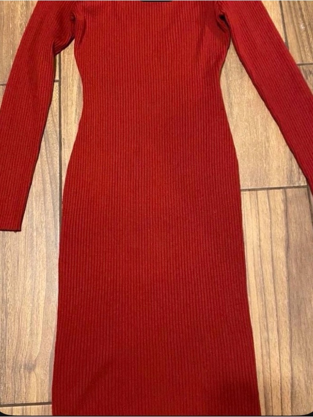 Slim-Fit Ribbed Long Sleeve Red Knit Dress